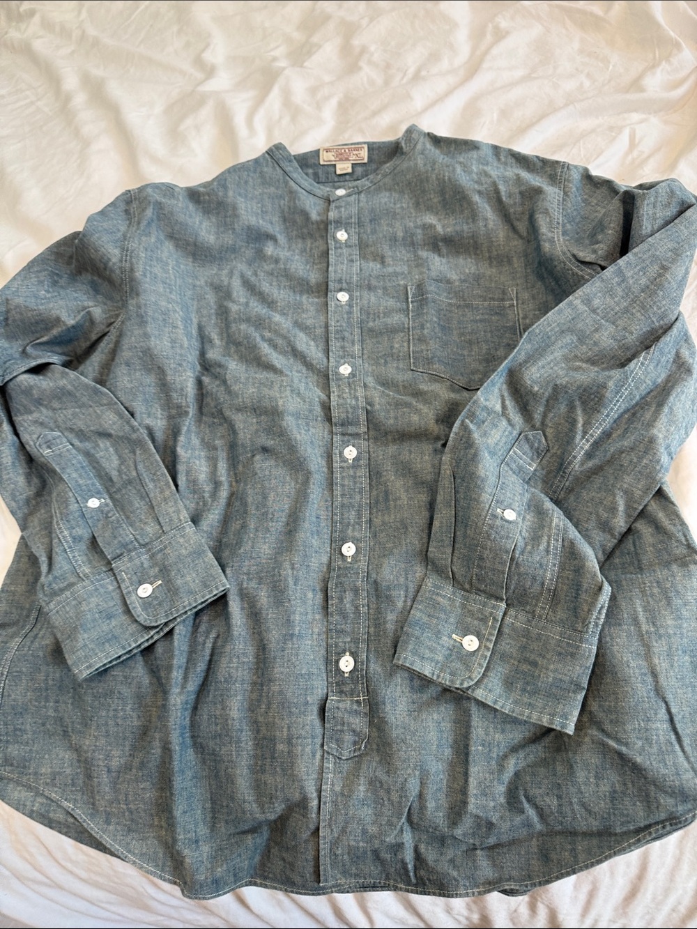 Wallace & Barnes Mens Slate Blue Button-Front Collarless Chambray Shirt